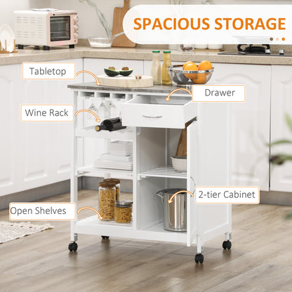 Rolling Kitchen Cart, Bar Cart on Wheels with Wine Rack, Drawer, Open Shelves, Cabinet and Faux Marble Top, Kitchen Island with Storage, White