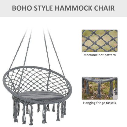 Patio Hammock Chair, Hanging Rope Hammock Swing for Indoor & Outdoor Use with Backrest, Cotton-Polyester Blend, Fringe Tassels, Dark Grey