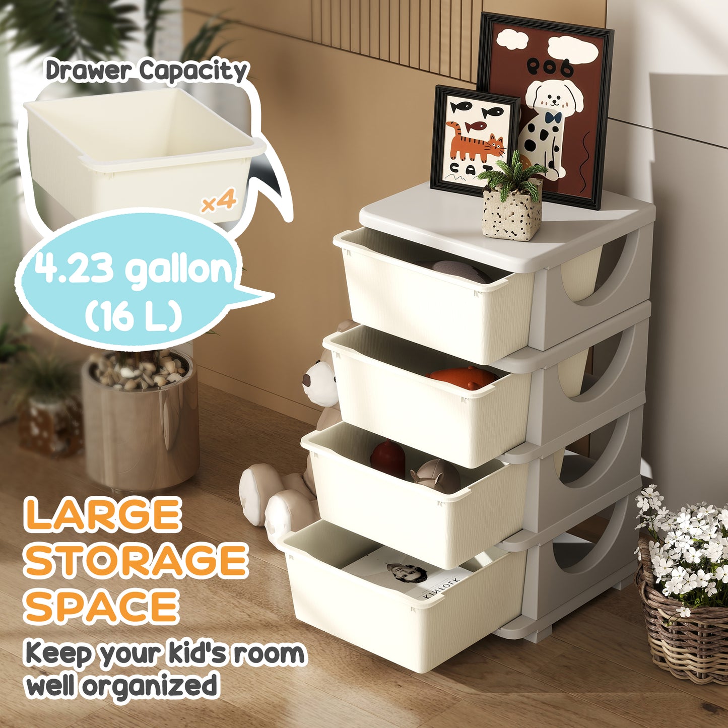 Qaba 4 Tier Kids Toy Organizer and Storage Bins with 4 Plastic Drawers, Cream White