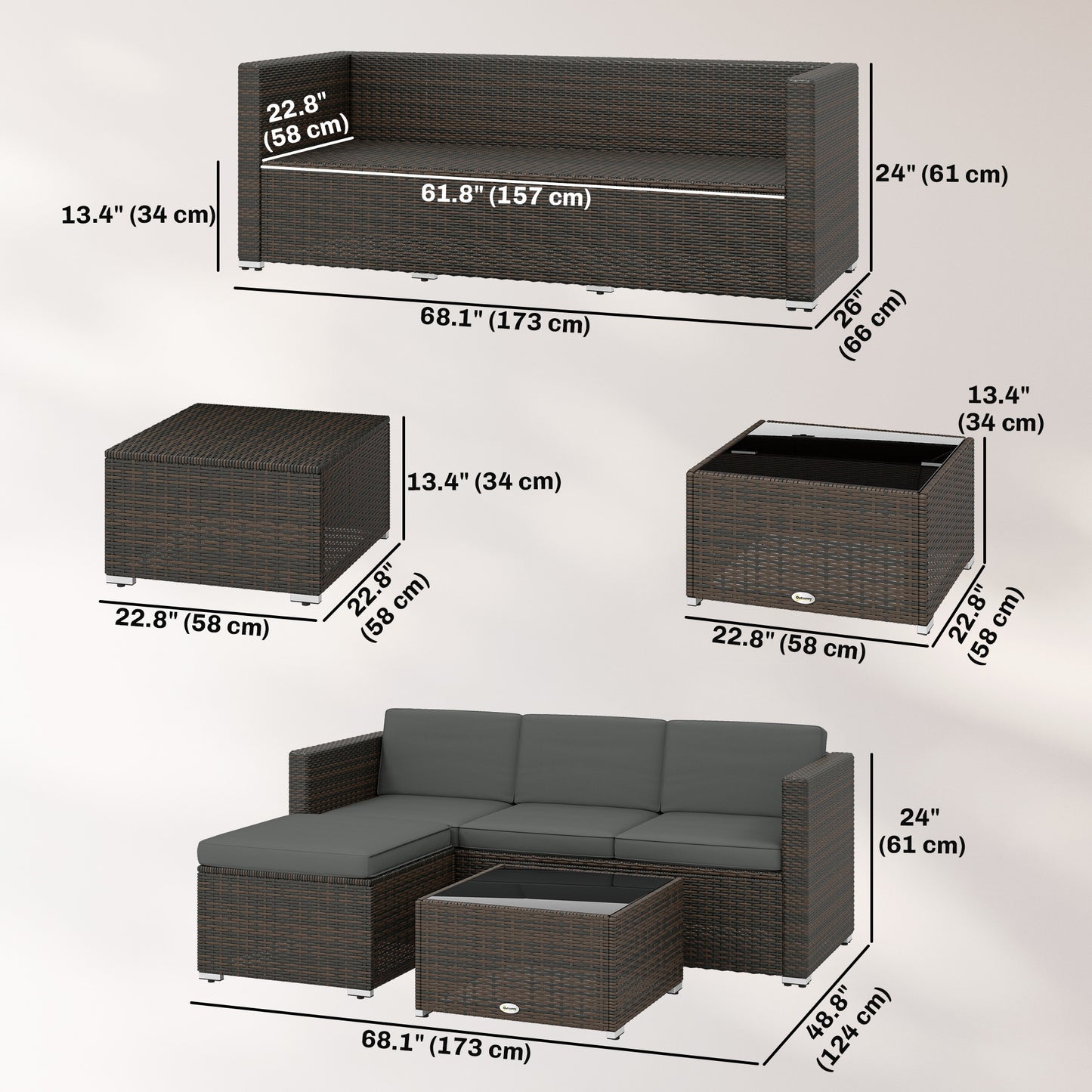 3 Pieces Patio Furniture Set with Cushions, Outdoor PE Rattan Wicker Conversation Corner Sofa Set, Dark Grey