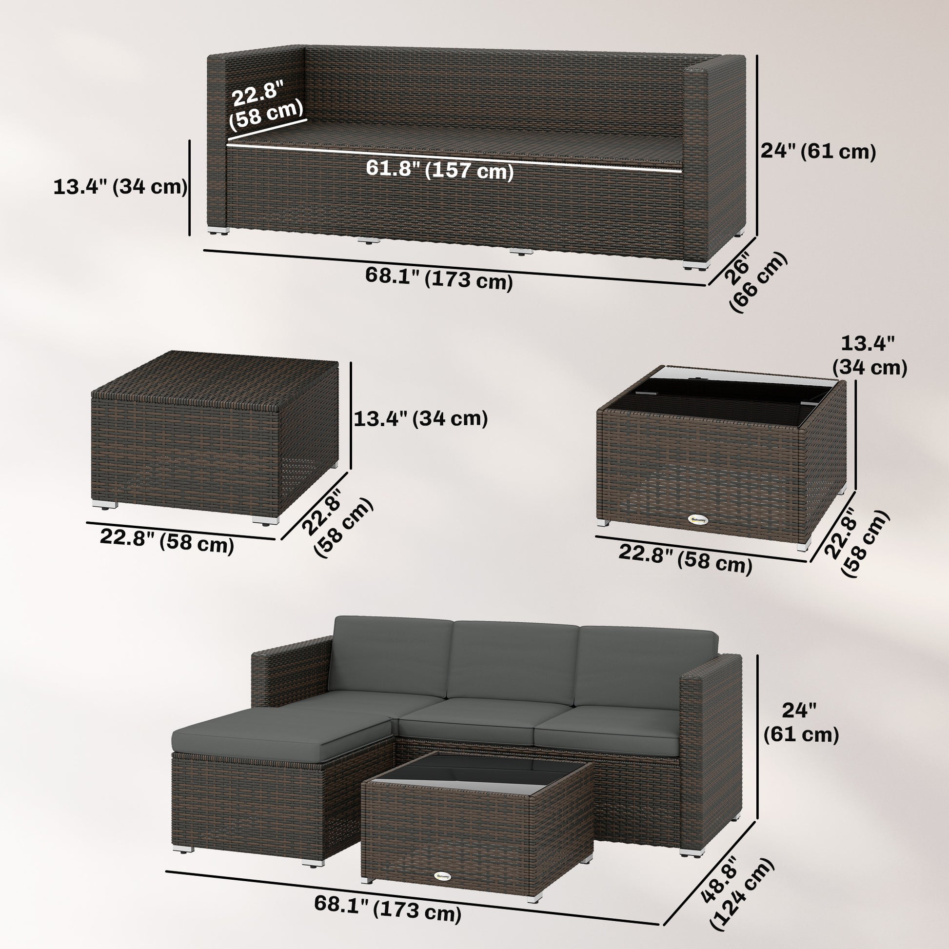 3 Pieces Patio Furniture Set with Cushions, Outdoor PE Rattan Wicker Conversation Corner Sofa Set, Dark Grey