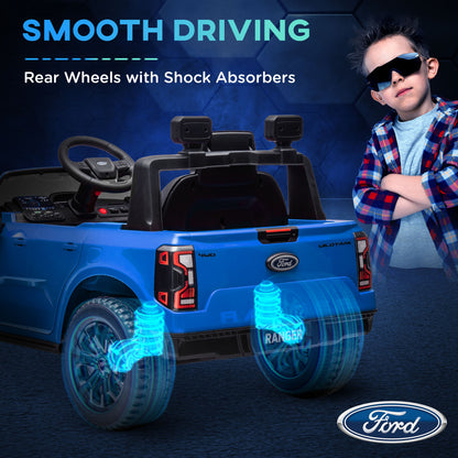 Qaba Ford Ranger Licensed 12V Ride on Car Battery Powered Kids Truck w/ Rear Storage Remote, Spring Suspension, Blue