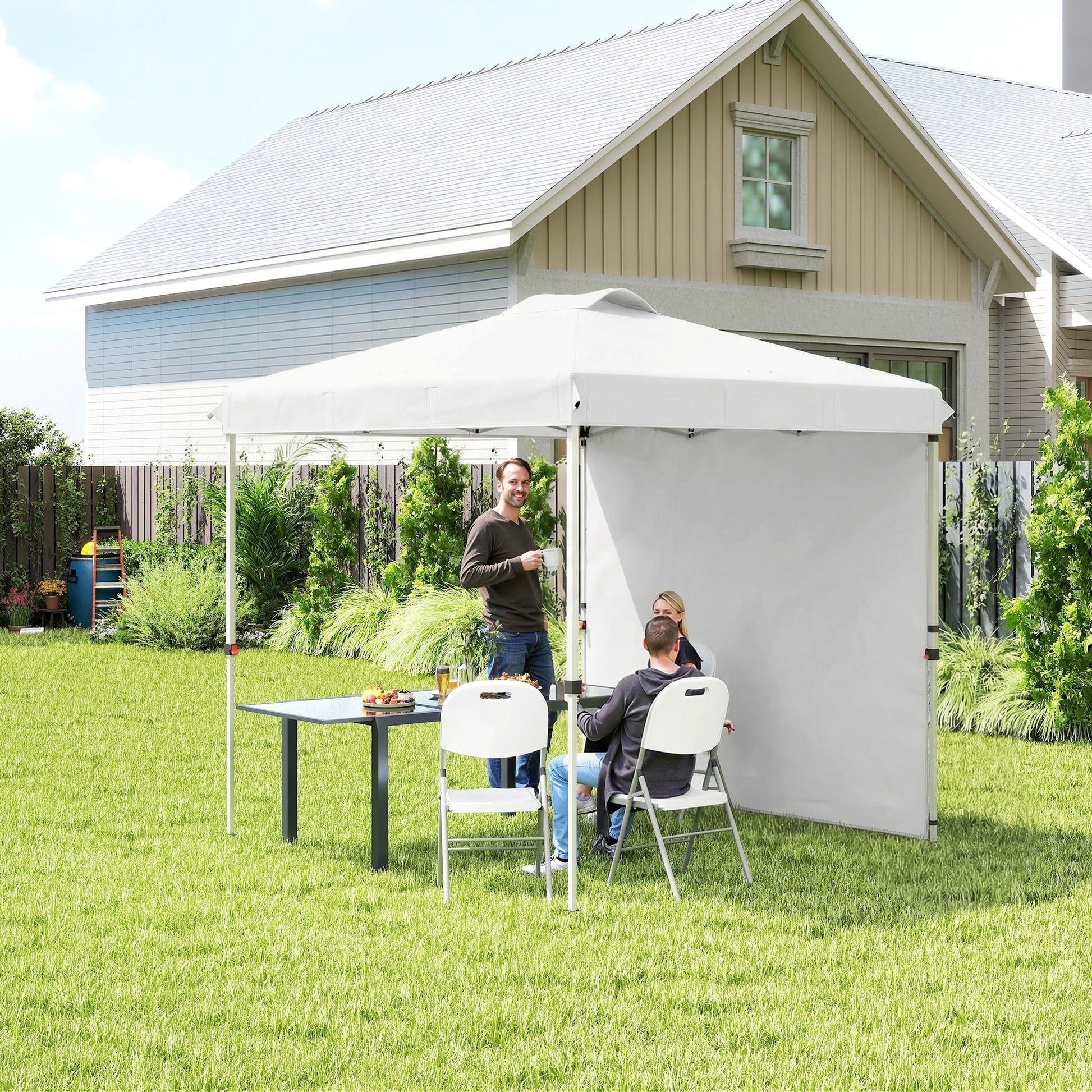 8 x 8 ft Pop Up Canopy with 1 Sidewall, Carry Bag and 4 Sand Bags, Height Adjustable Instant Sun Shelter, White