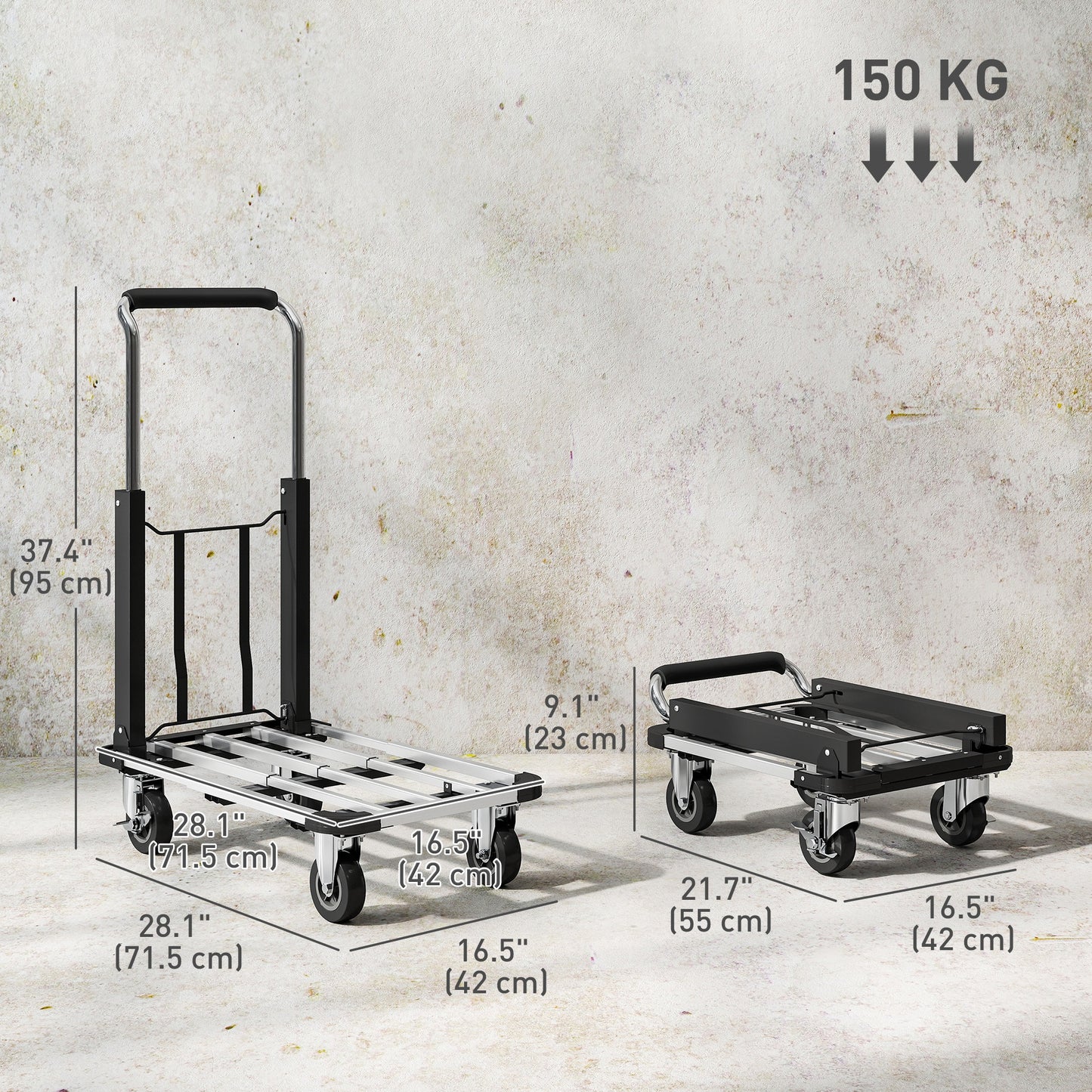 330 lbs Heavy Duty Hand Truck, Folding Trolley, Dolly with Adjustable Handle and Extendable Platform, Silver and Black