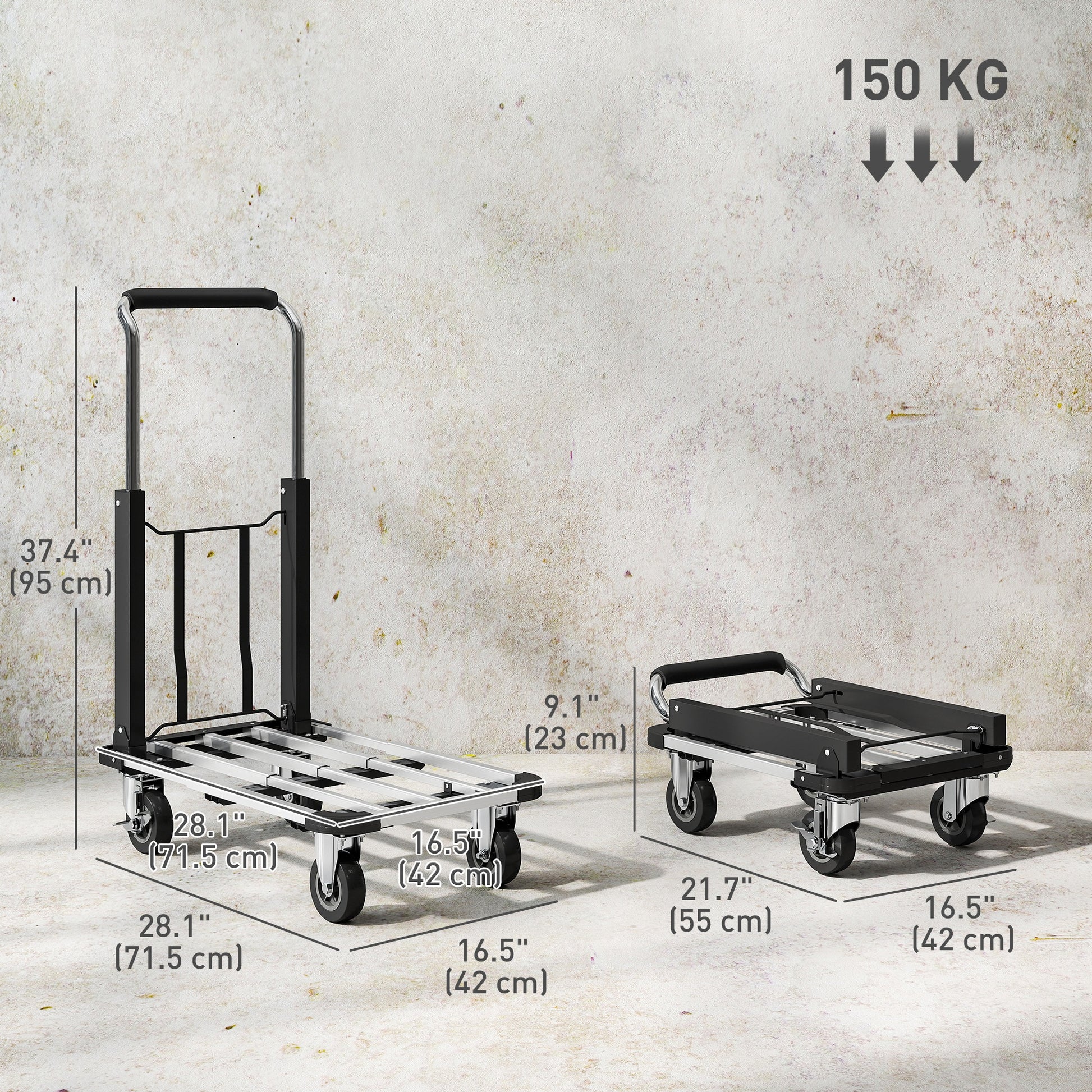 330 lbs Heavy Duty Hand Truck, Folding Trolley, Dolly with Adjustable Handle and Extendable Platform, Silver and Black