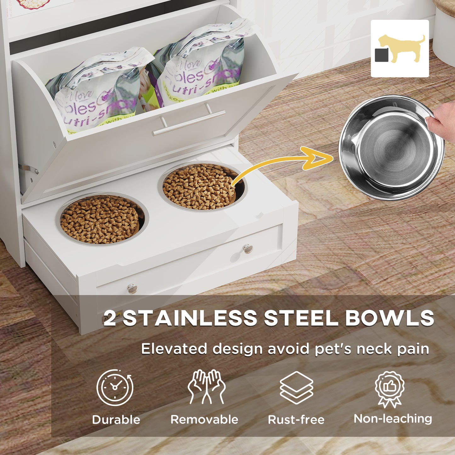 Pet Feeder Station Storage Cabinet, Dog Food Storage Container with Dog Raised Bowls, Watering Supplies, Gray