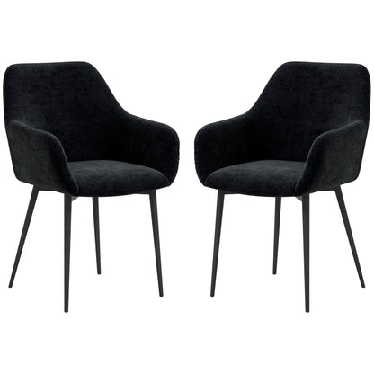 Dining Chairs Set of 2, Velvet-look Fabric Upholstered Kitchen Chairs with Backrest, Armrests and Steel Legs, Black