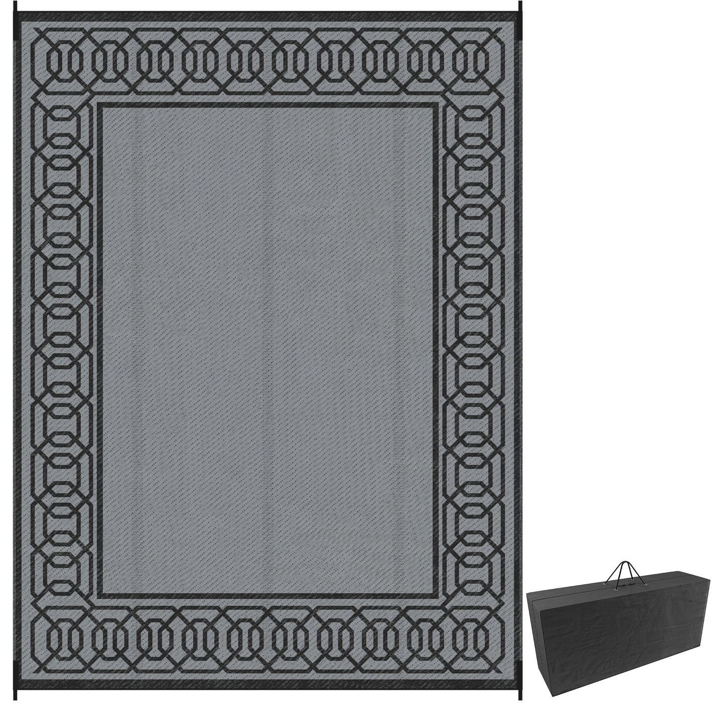 Portable Outdoor Rug with Carrying Bag, 9' x 12' Reversible Mat, Waterproof Plastic Straw RV Rug for Backyard, Deck, Picnic, Beach, Camping, Black and Grey