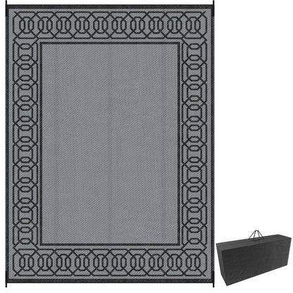 Portable Outdoor Rug with Carrying Bag, 9' x 12' Reversible Mat, Waterproof Plastic Straw RV Rug for Backyard, Deck, Picnic, Beach, Camping, Black and Grey