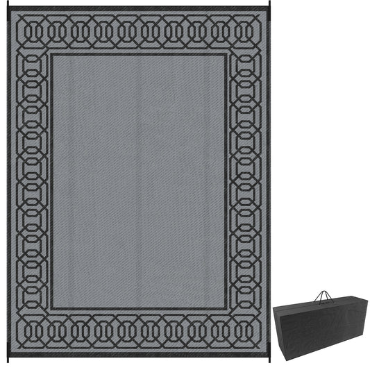Portable Outdoor Rug with Carrying Bag, 9' x 12' Reversible Mat, Waterproof Plastic Straw RV Rug for Backyard, Deck, Picnic, Beach, Camping, Black and Grey