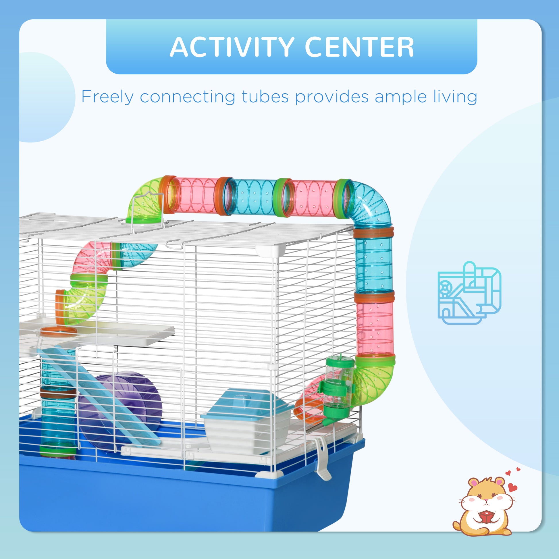 3-Tier Large Toy-Filled Steel Small Animal Cage, Includes Exercise Wheel, Water Bottle, Food Dish, Blue