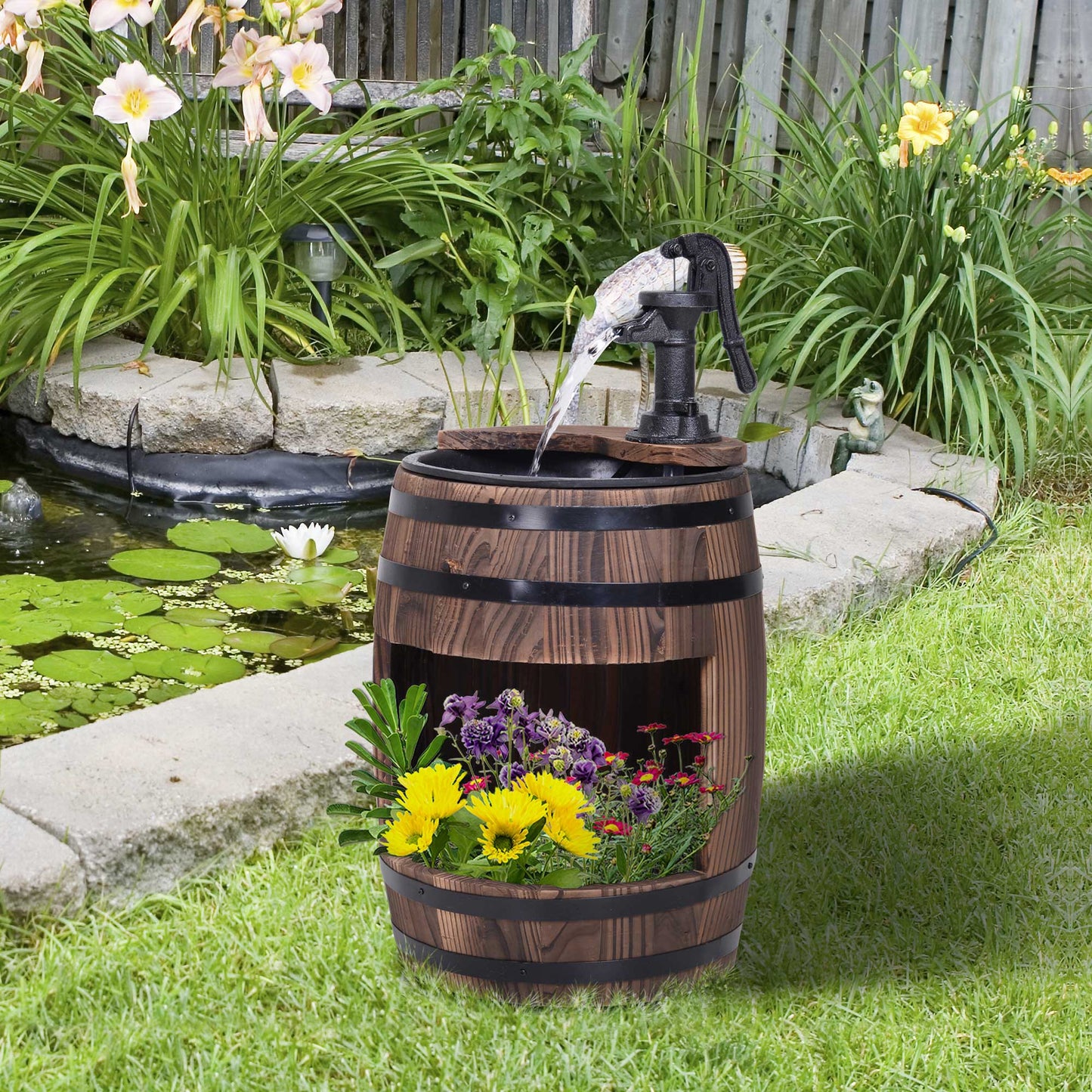 Wooden Outdoor Fountain, Electrical Barrel Waterfall with 3600r/min Speed Pump for Patio, Backyard, Carbonized