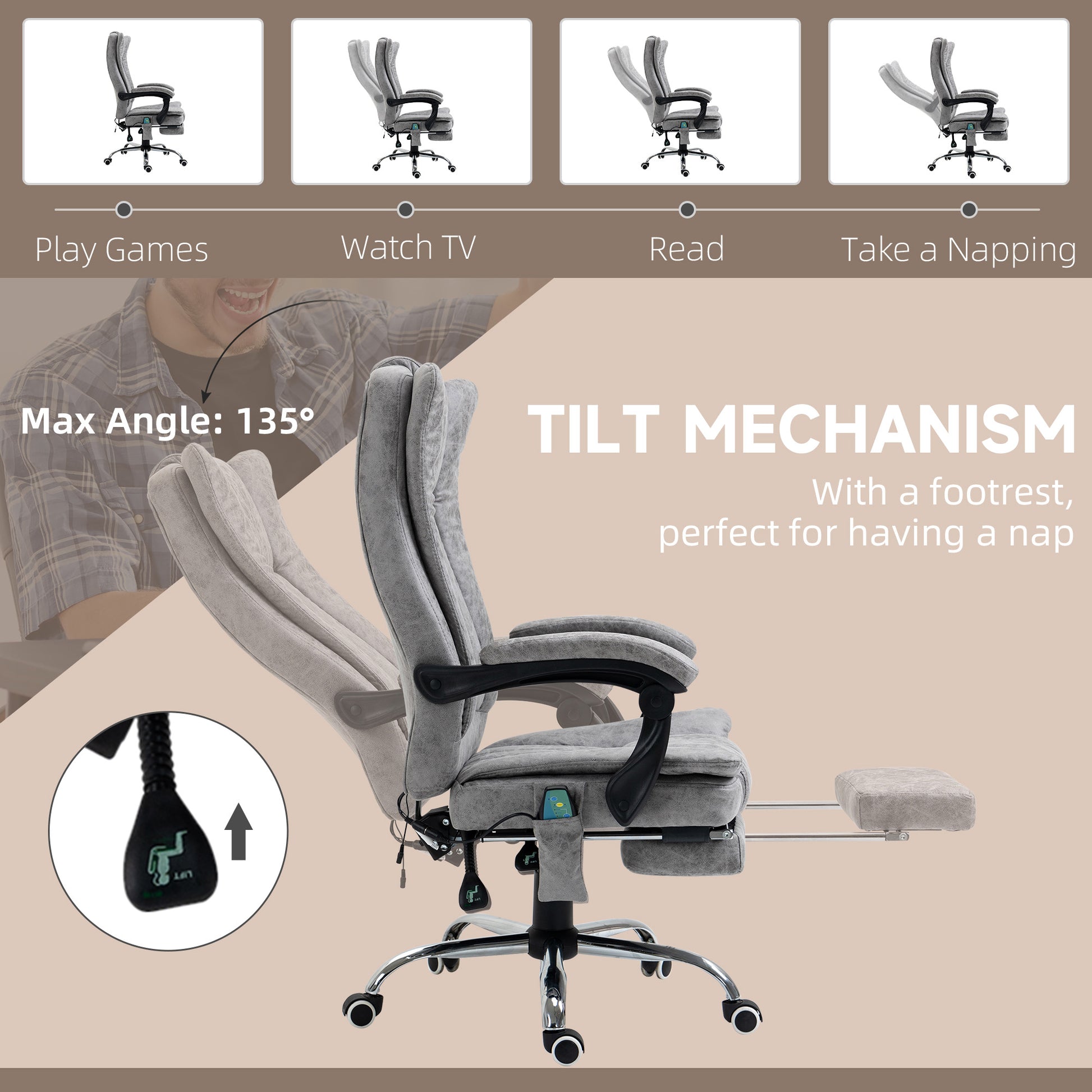 Office Chair 6-point Vibration Massage Chair Micro Fiber Recliner with Retractable Footrest Grey