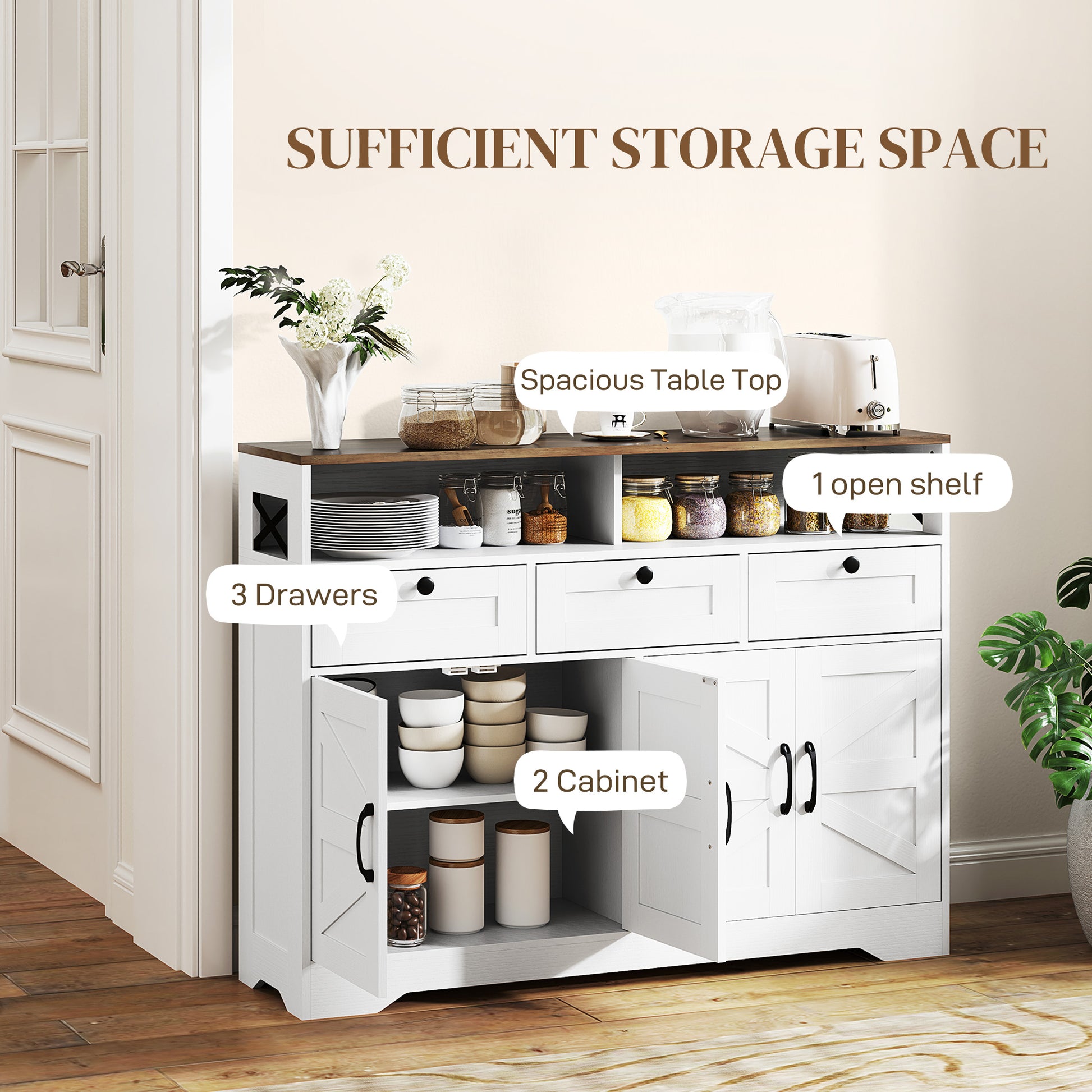 Sideboard, Buffet Cabinet with 4 Barn Doors and 3 Drawers, Coffee Bar Cabinet with Adjustable Shelves, White