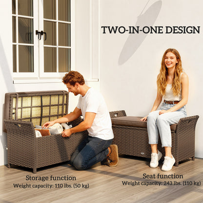 2-In-1 Outdoor Storage Bench, 29 Gallon Wicker Deck Box with Handles and Cushion, Tan