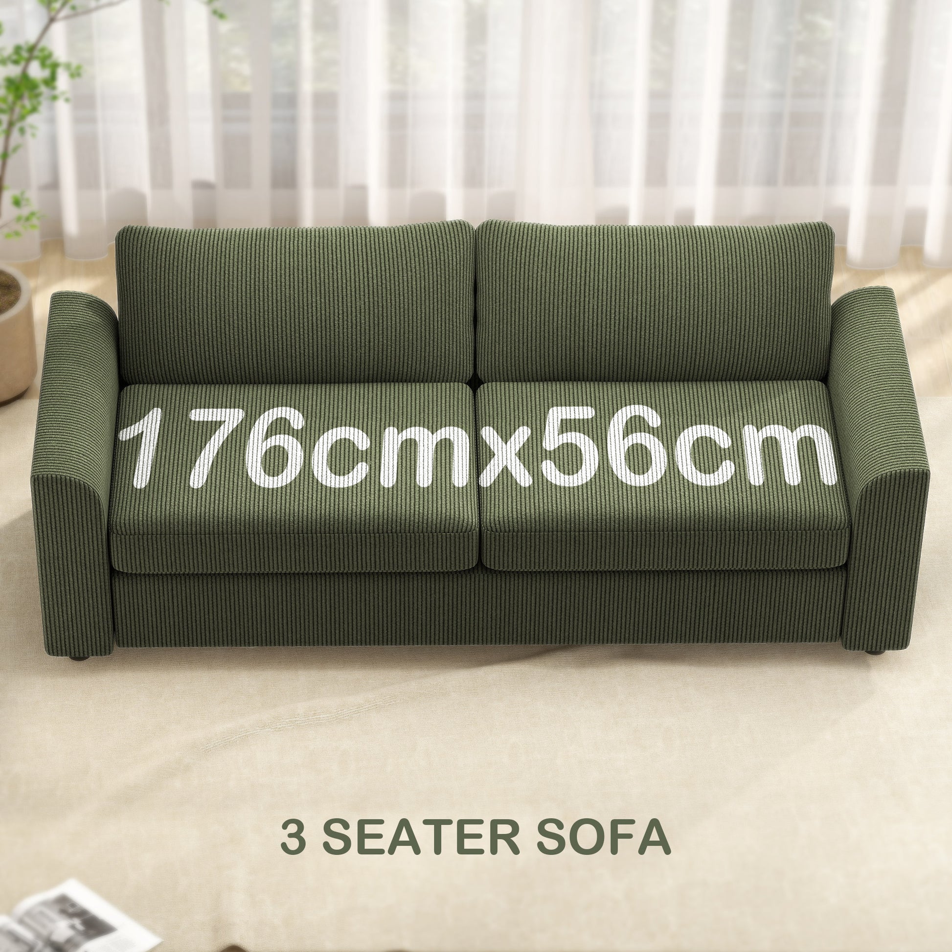 3 Seater Sofa, 83.5" Modern Upholstered Couch with Pocket Spring and 2 Scatter Cushions for Living Room, Green