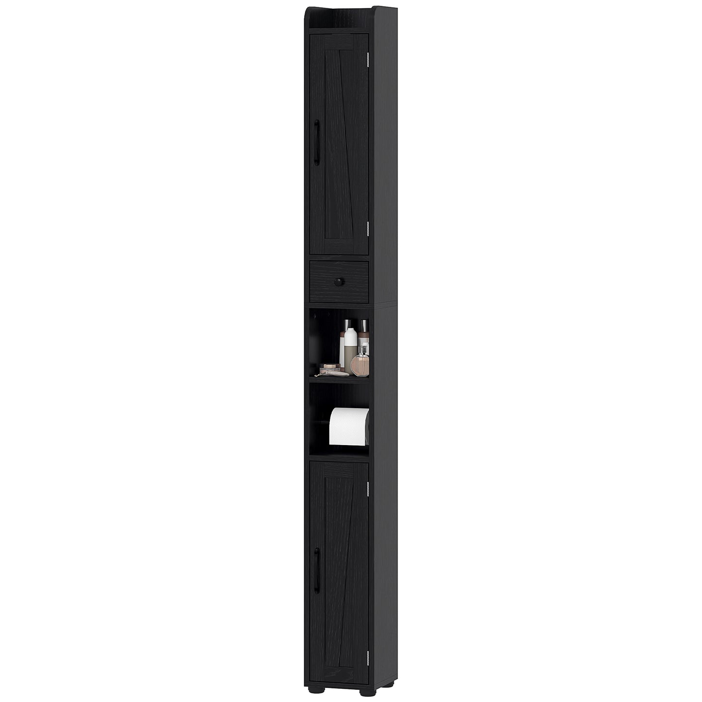 Narrow Bathroom Cabinet, Tall Bathroom Storage Cabinet with Barn Doors, Drawer and Adjustable Shelves, Black Wood Grain