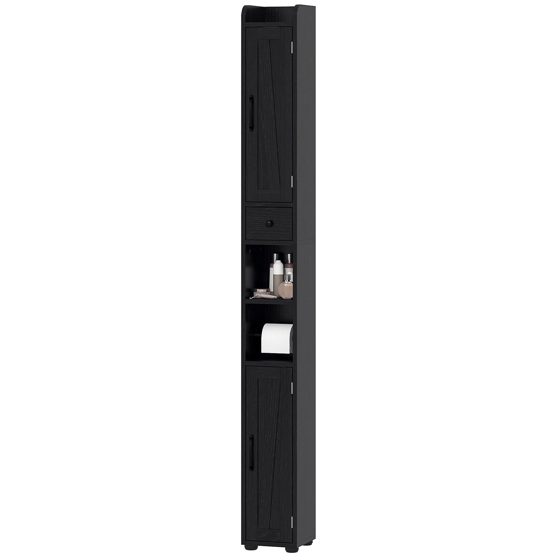 Narrow Bathroom Cabinet, Tall Bathroom Storage Cabinet with Barn Doors, Drawer and Adjustable Shelves, Black Wood Grain