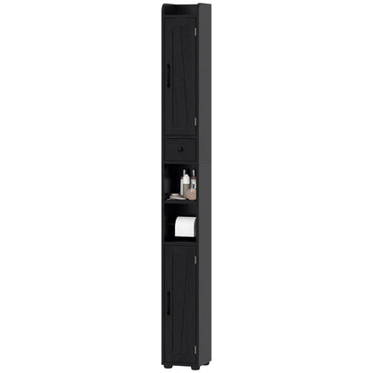 Narrow Bathroom Cabinet, Tall Bathroom Storage Cabinet with Barn Doors, Drawer and Adjustable Shelves, Black Wood Grain