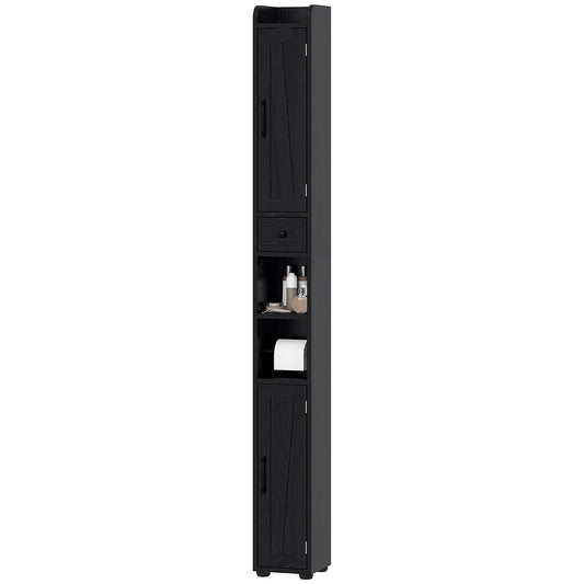 Narrow Bathroom Cabinet, Tall Bathroom Storage Cabinet with Barn Doors, Drawer and Adjustable Shelves, Black Wood Grain