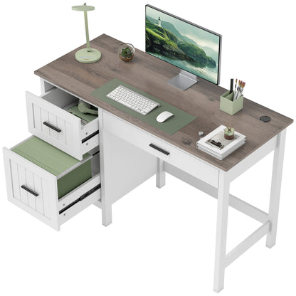 Computer Desk with 3 Drawers, Farmhouse Home Office Desk with File Drawer and Wood Grain Top for Small Spaces, White