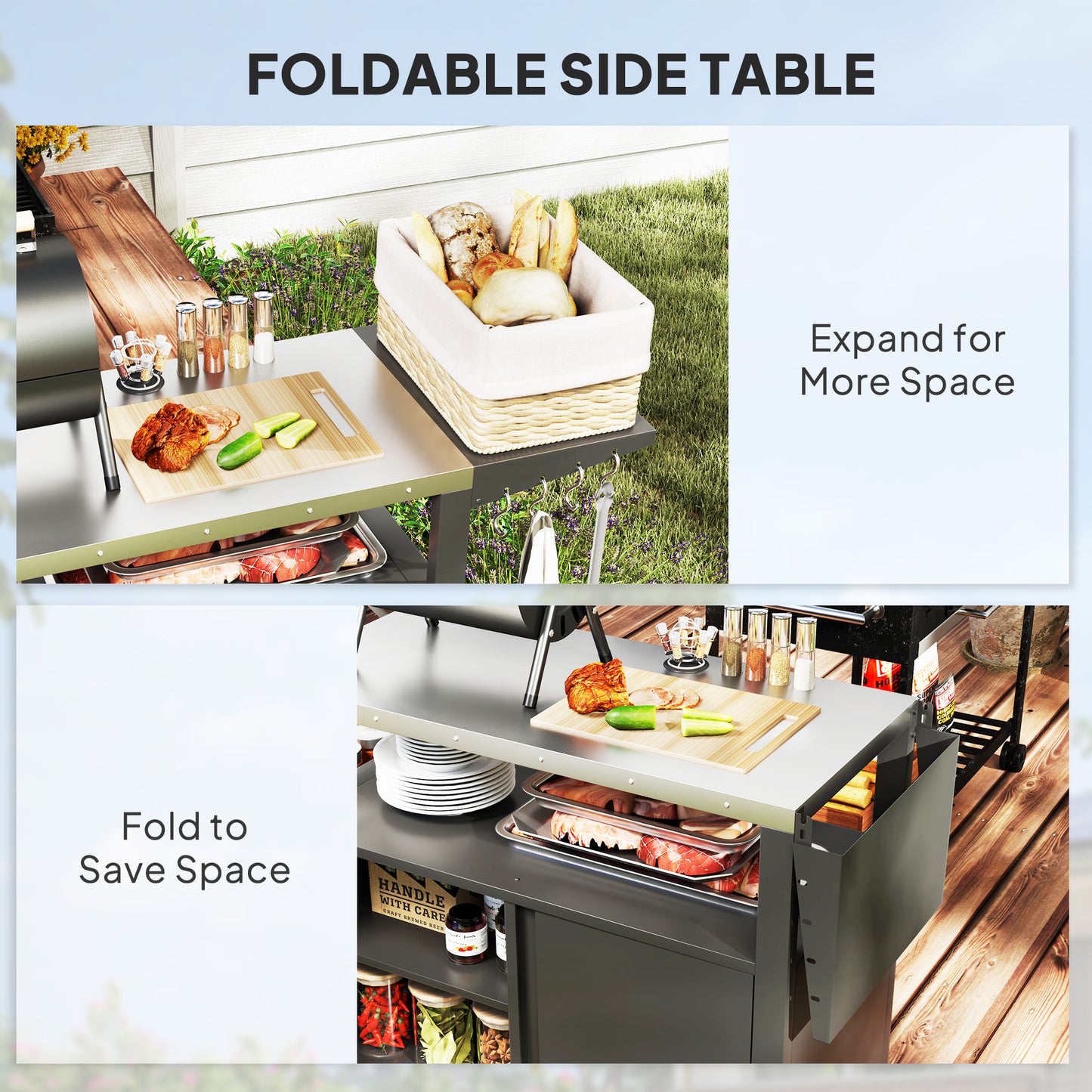 Outdoor Grill Cart with Foldable Side Table, Stainless Steel Tabletop, Pizza Oven Stand with Storage Rack, Wheels