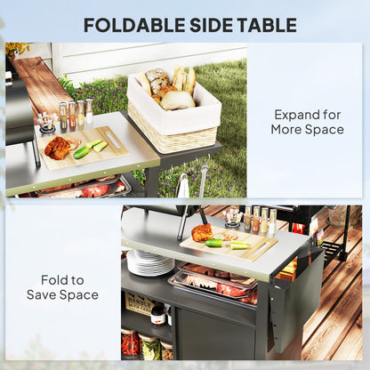 Outdoor Grill Cart with Foldable Side Table, Stainless Steel Tabletop, Pizza Oven Stand with Storage Rack, Wheels