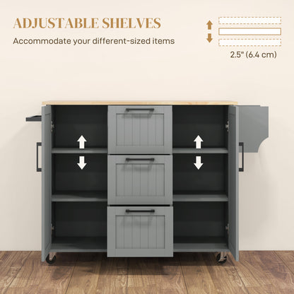Rolling Kitchen Cart on Wheels with Drop Leaf, Kitchen Island with 3 Drawers, Solid Wood Top and Towel Rack, Grey