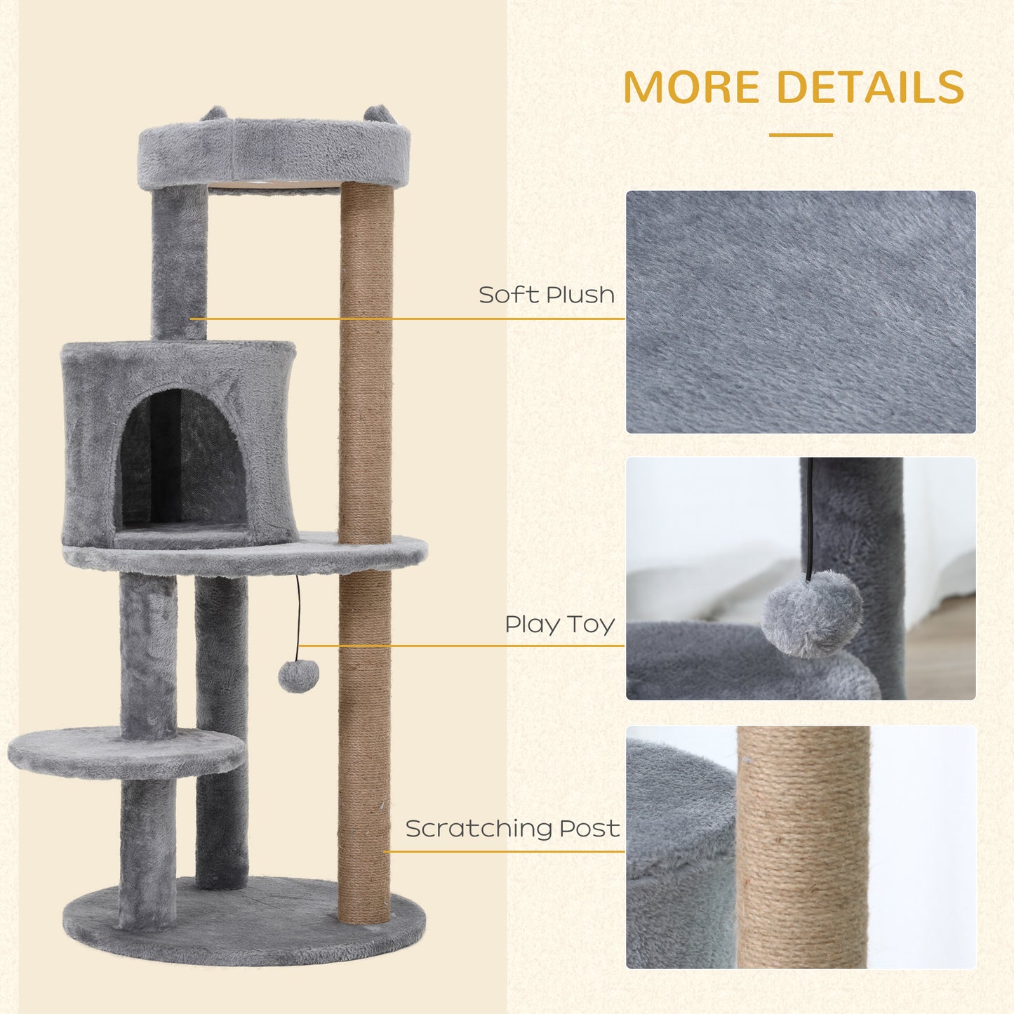 41" Cat Tree Tower with Condo, Scratching Posts and Hanging Ball, Grey