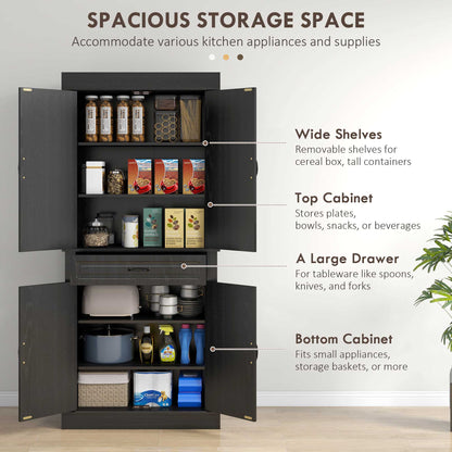 71" Freestanding Kitchen Pantry with 4 Doors and 2 Cabinets, Tall Storage Cabinet for Kitchen, Distressed Black