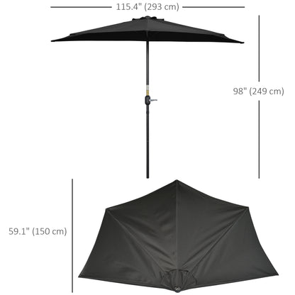 9.8ft Half Umbrella Semi Round Patio Parasol with Crank Handle, Top Vent for Garden, Balcony- NO BASE INCLUDED, Black