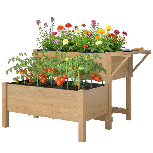 Wooden Raised Garden Bed, 2-Tier Raised Planter with Storage Shelf, Side Board, Drainage Holes and Liner