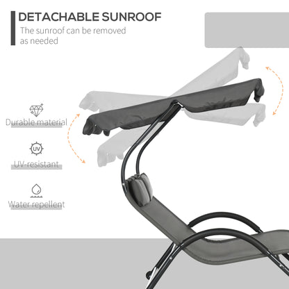 Outdoor Patio Chaise Lounge Chair, Patio Sun Lounger w/ Sunshade Roof, for Two People with Wheels and Breathable Sling Mesh Bed, Pillows, Dark Gray
