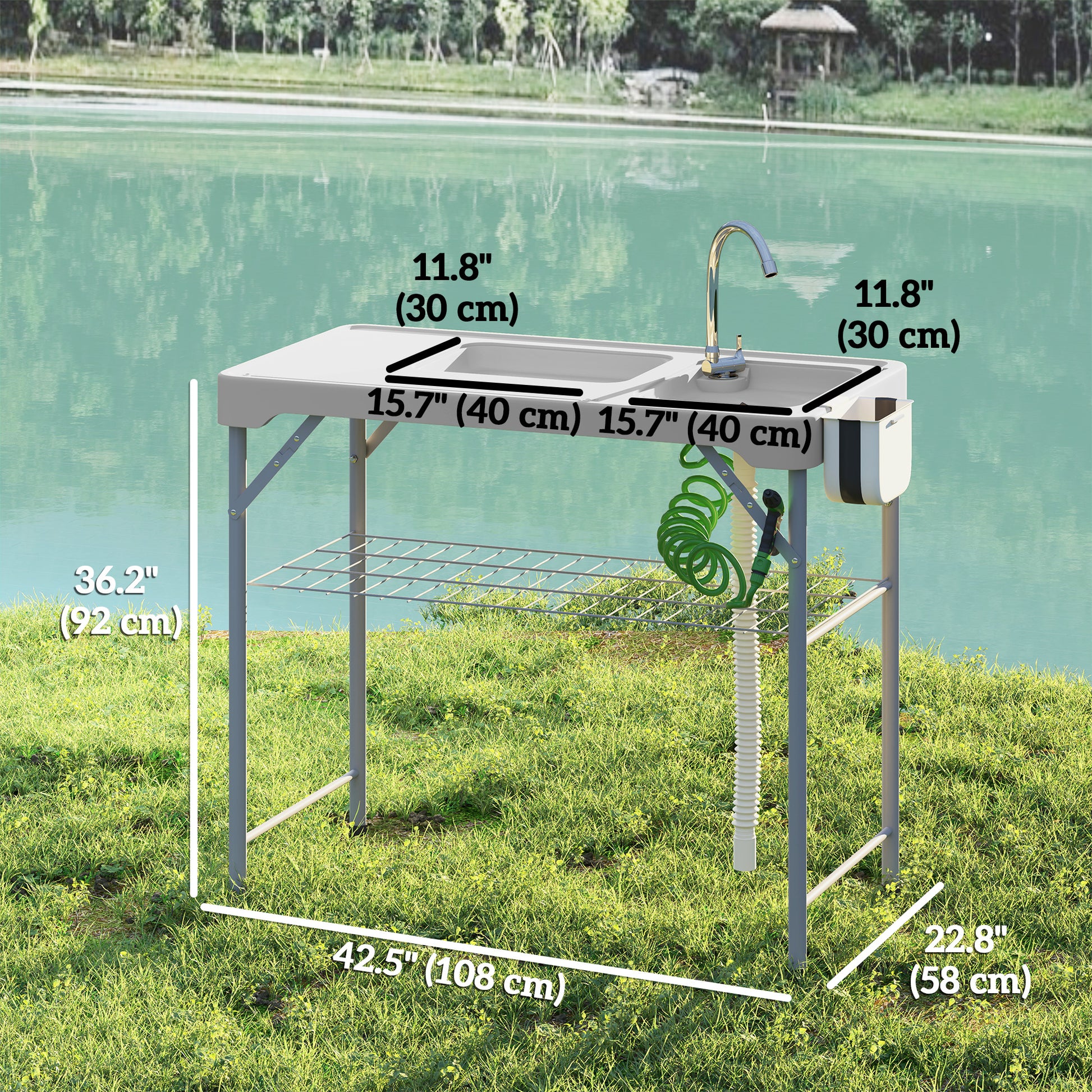 Folding Fish Cleaning Table with Sinks, Camping Sink with Faucet Drainage Hose Sprayer Shelf, Grey