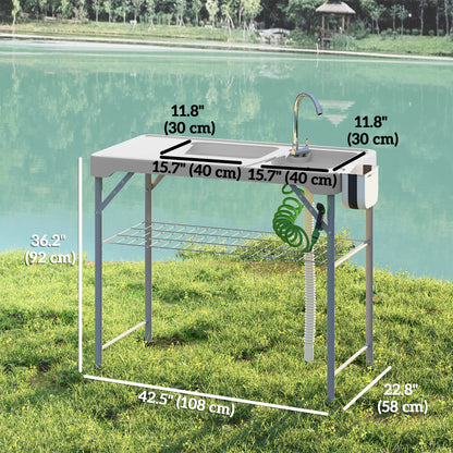Folding Fish Cleaning Table with Sinks, Camping Sink with Faucet Drainage Hose Sprayer Shelf, Grey