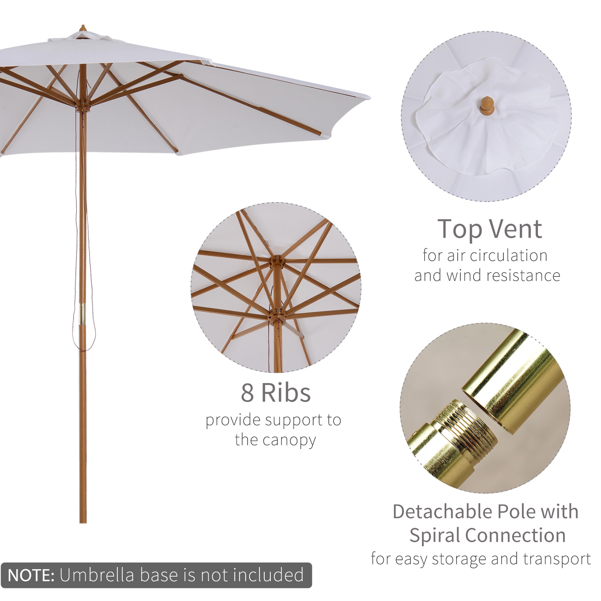 10' x 8' Bamboo Wooden Round Market Patio Sun Umbrella, Garden Parasol, Outdoor Sunshade Canopy, White