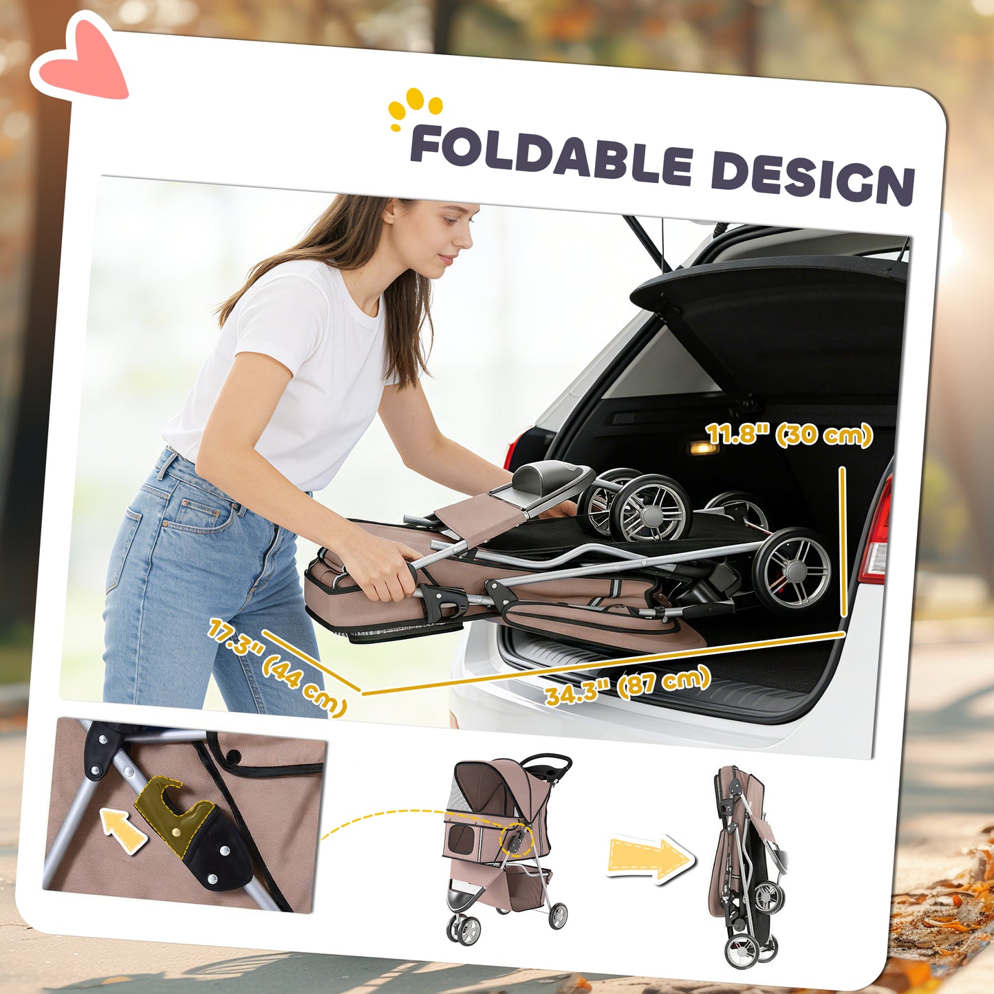 3 Wheels Foldable Dog Stroller with Storage Basket, Adjustable Canopy, Cupholder for Miniature and Small Dogs, Coffee