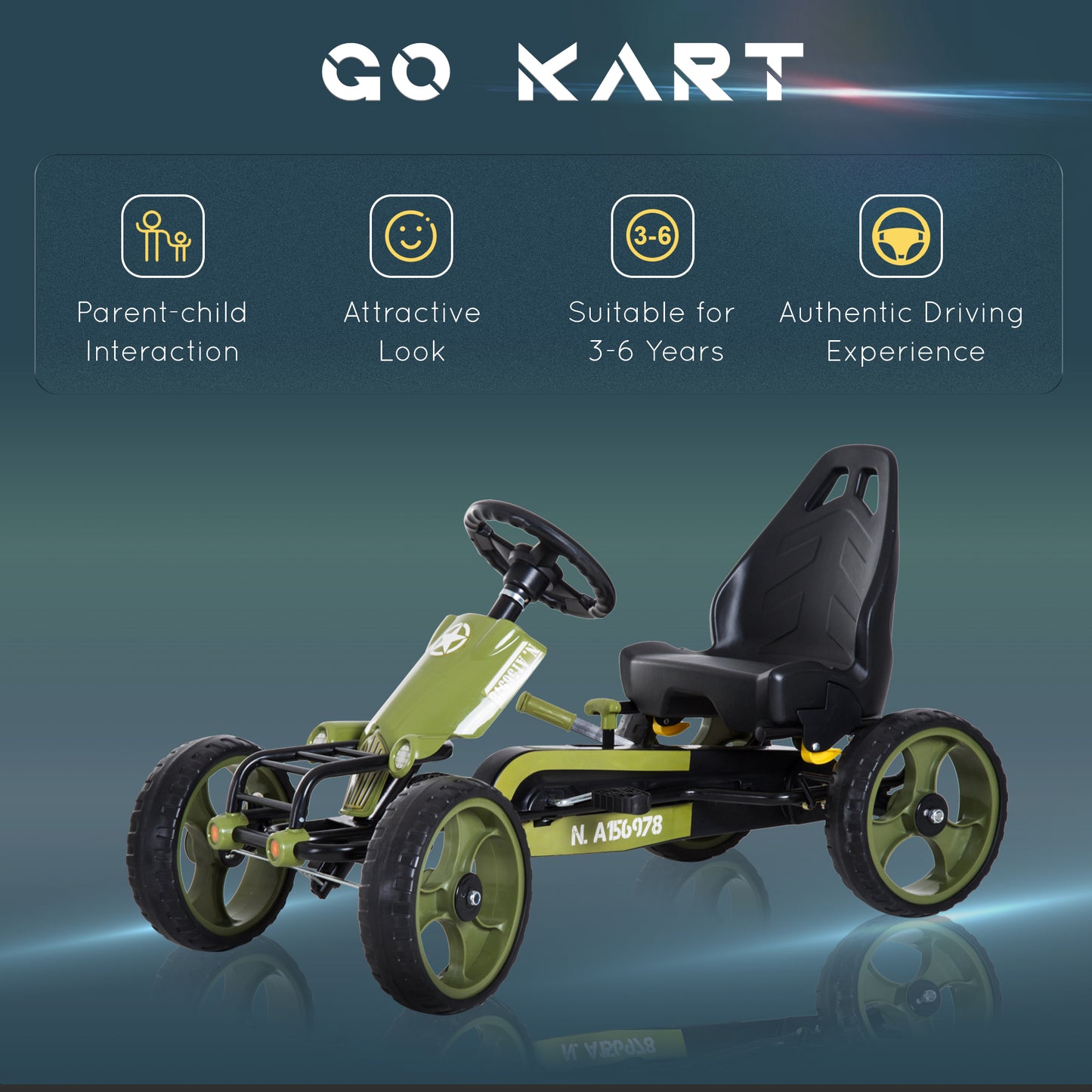 Aosom Pedal Go Kart with Adjustable Seat, EVA Tyres, Safety Handbrake, for Ages 3-6 Years Old, Green