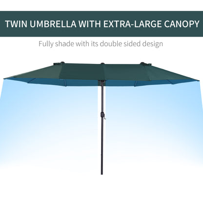 15ft Double-sided Patio Umbrella with Twin Canopy, Extra Large Outdoor Parasol with Crank for Pool, Deck, Market, Dark Green