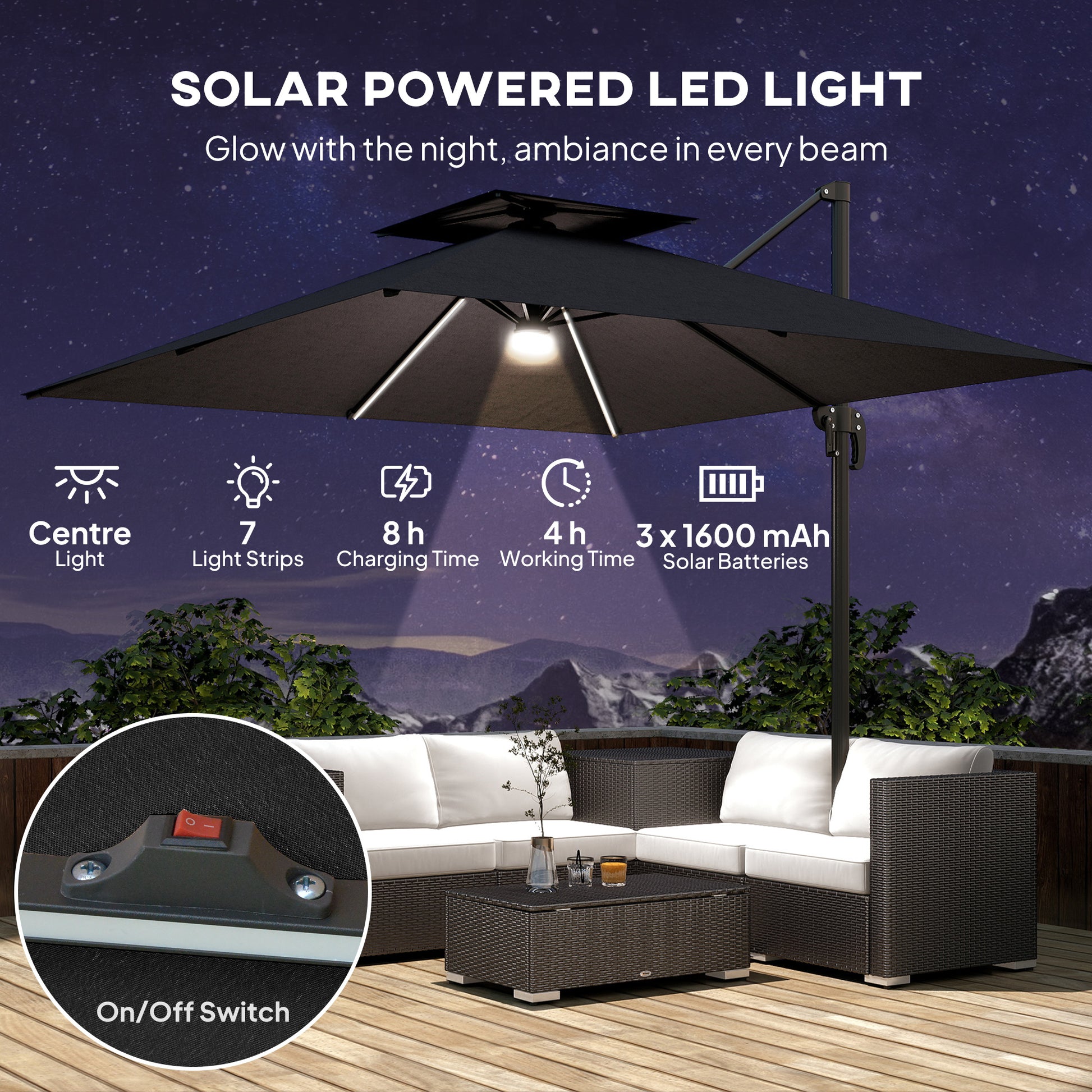 8' Cantilever Patio Umbrella with LED Lights, 360°Rotation, Tilt & Height Adjustment, Crank, Cross Base, Dark Grey