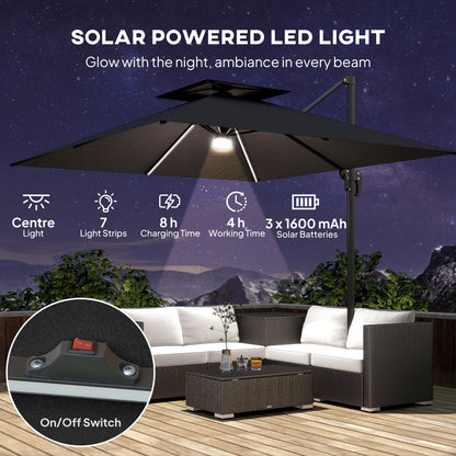 8' Cantilever Patio Umbrella with LED Lights, 360°Rotation, Tilt & Height Adjustment, Crank, Cross Base, Dark Grey