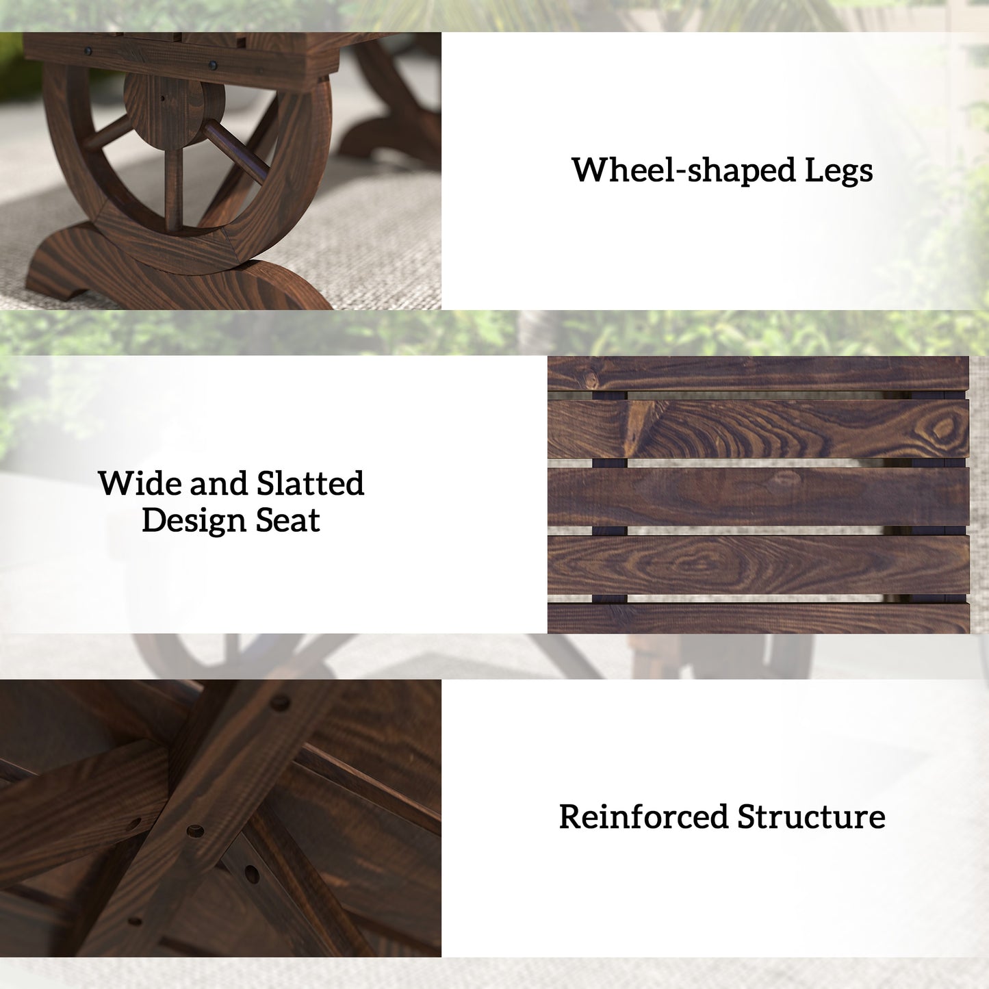 Rustic Wood Wheel Outdoor Garden Bench for 2-Person with a Unique Wheel Design on the Legs & Strong Build, Brown