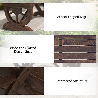 Rustic Wood Wheel Outdoor Garden Bench for 2-Person with a Unique Wheel Design on the Legs & Strong Build, Brown