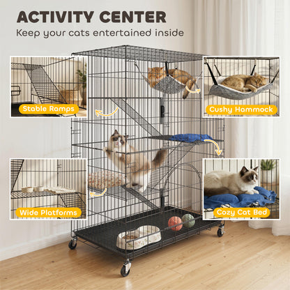 4-Tier Cat Cage, Large Cat Enclosure with Lockable Wheels, Tray, Hammock, Bed, 3 Ramp, 3 Platforms for 3-5 Kittens
