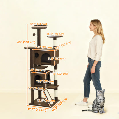 63" Cat Tree, Multi-Level Cat Tower with Scratching Posts, Cat Condos, Bed, Platforms, Ramp, Toy Ball, Light Brown
