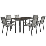 7 Piece Outdoor Dining Set with 6 Stackable Chairs, Rectangle Table, WPC Slatted Top, Rust-Resistant Steel Frame