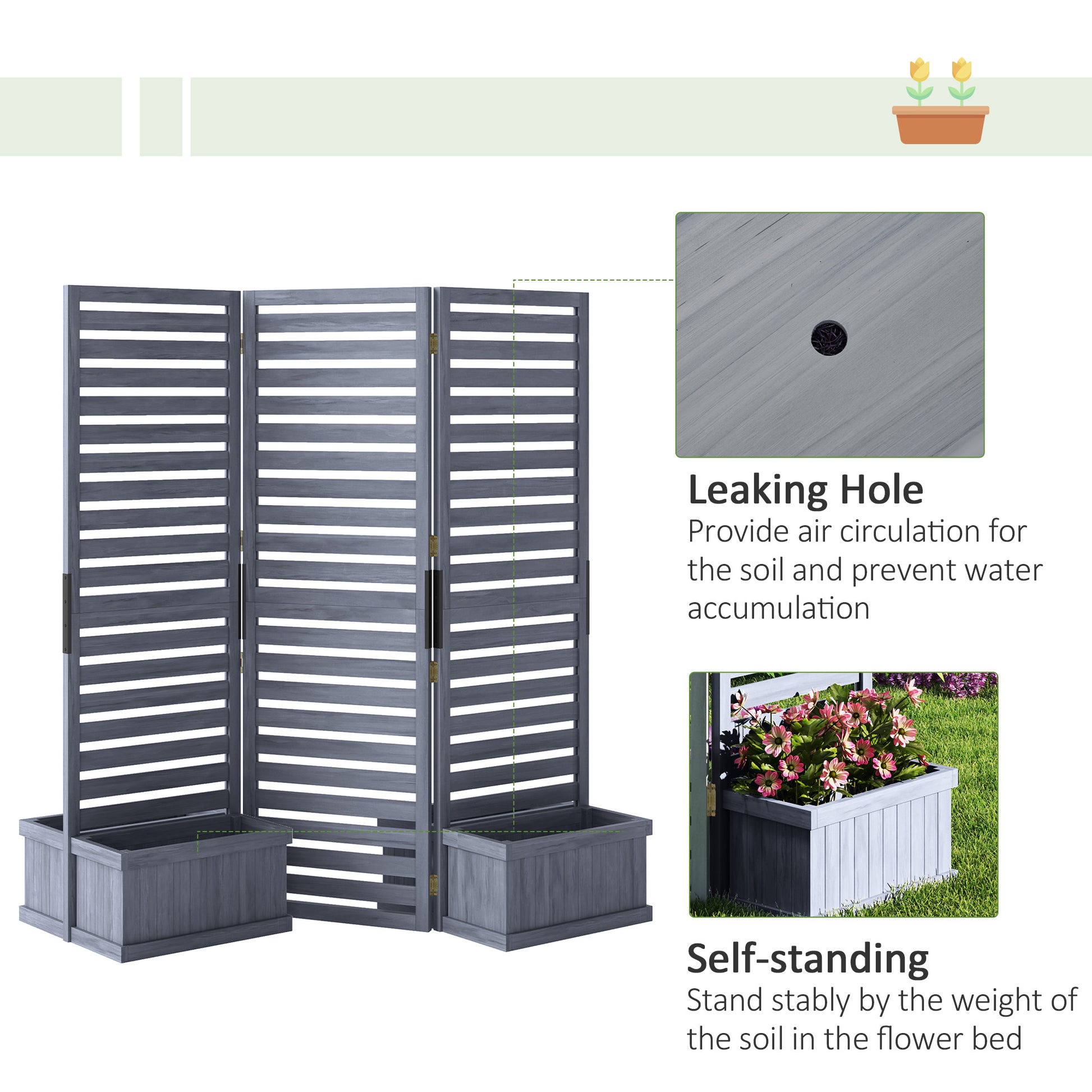 Outdoor Privacy Screen Wood Privacy Panel with 4 Planter Boxes, Raised Bed with 3 Panels, Drainage Holes