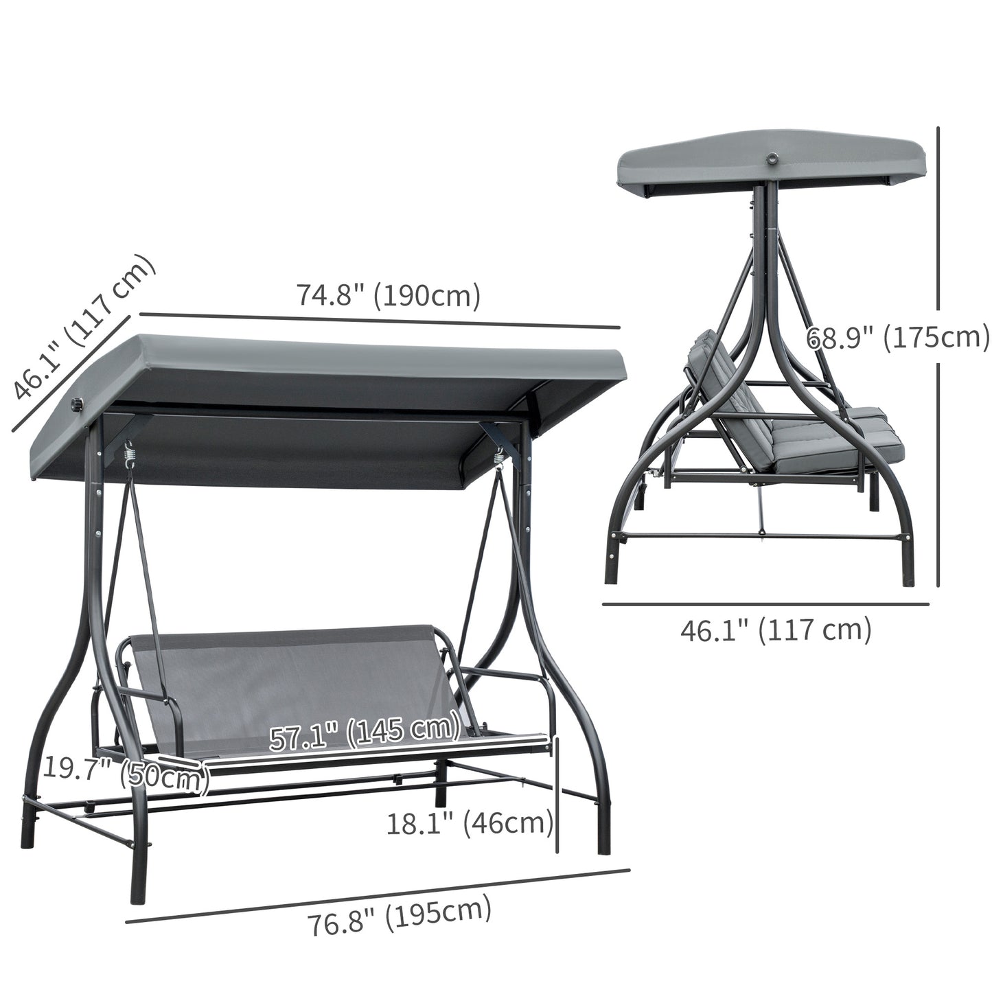 Convertible Patio Swing Bed with Canopy and Cushions, 3 Seater Porch Swing for Outdoor, Backyard, Garden, Dark Grey
