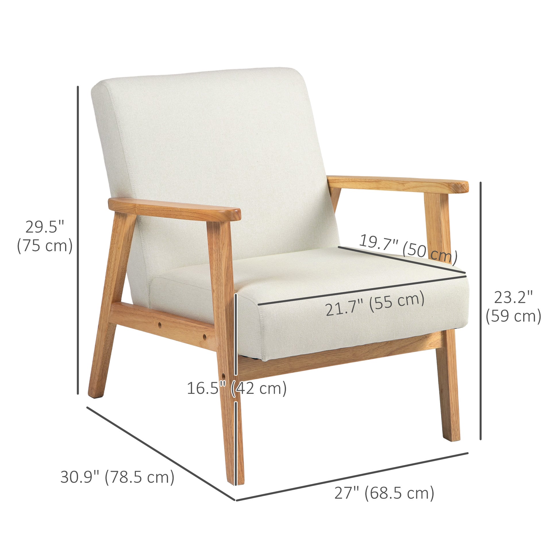 Mid-Century Modern Accent Chair Retro Fabric Armchair Wooden Arm Upholstered Lounge Chair for Living Room Cream White