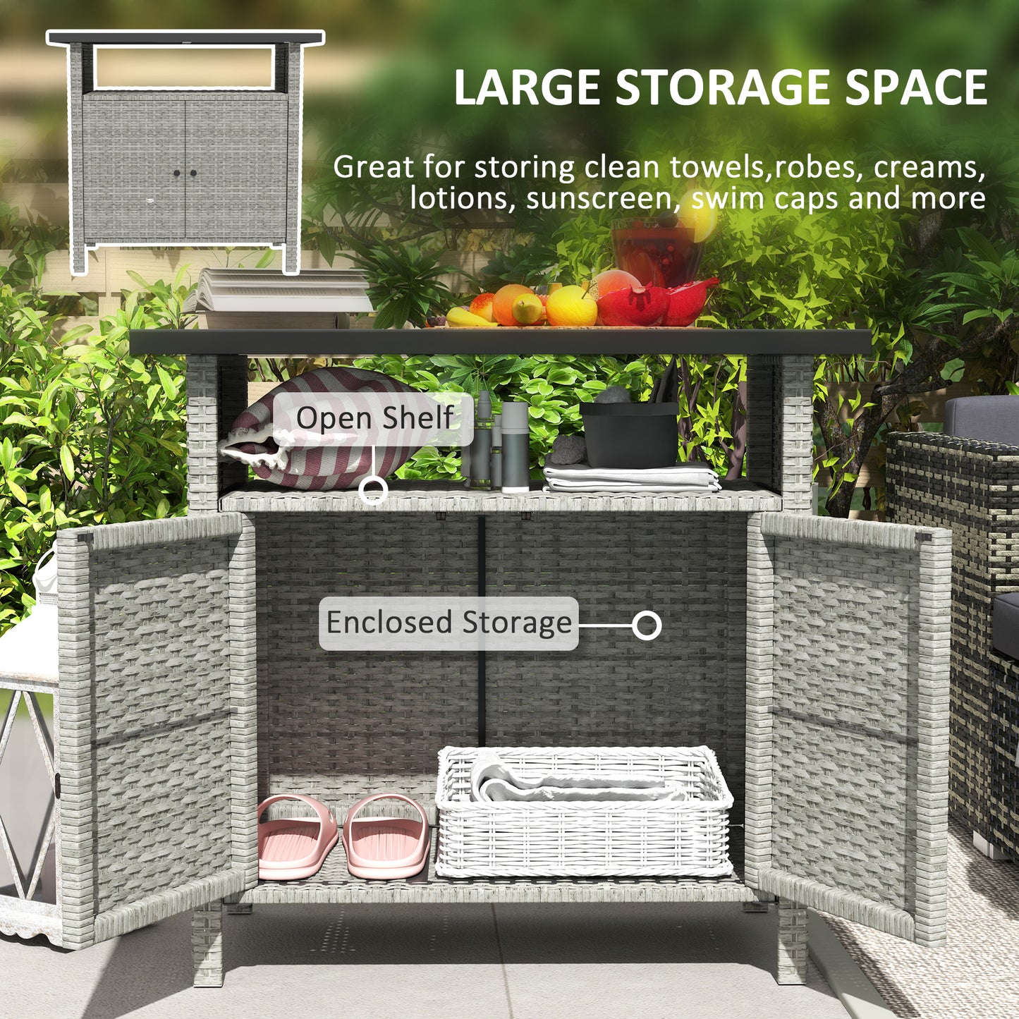 Wicker Outdoor Storage Cabinet with Two Doors and Shelf for Outdoor Pool Towel Storage, Grey